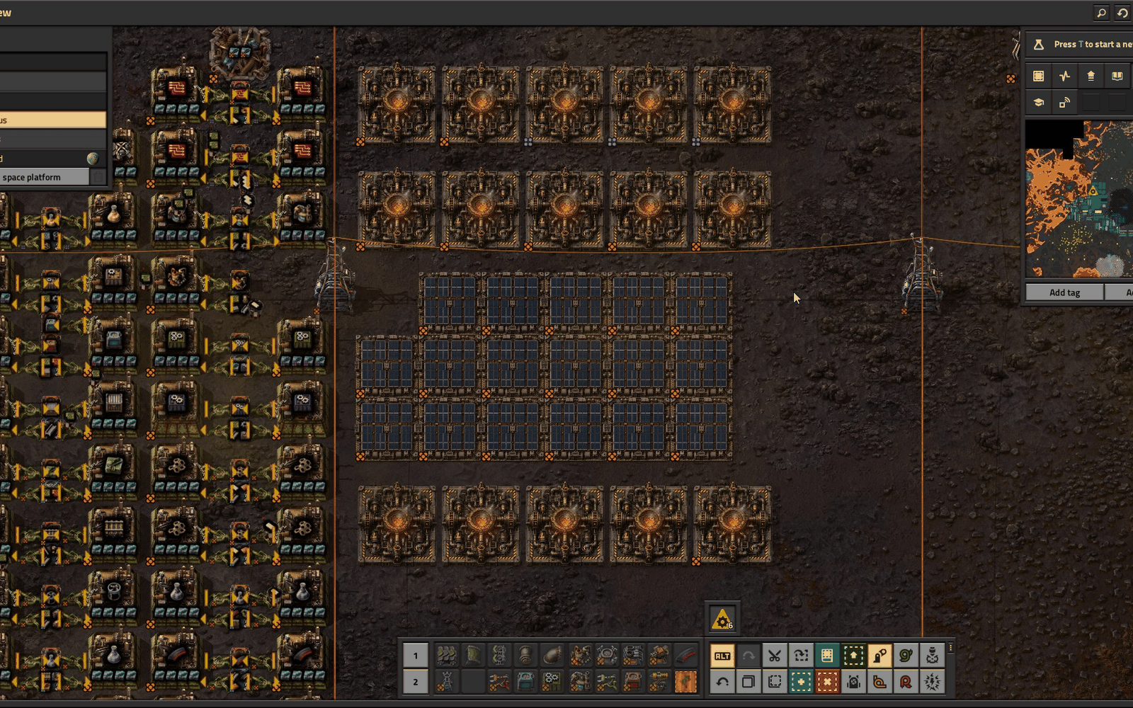 Fifteen geothermal vents around an advanced solar block on Vulcanus, with an assembler wall for scale.