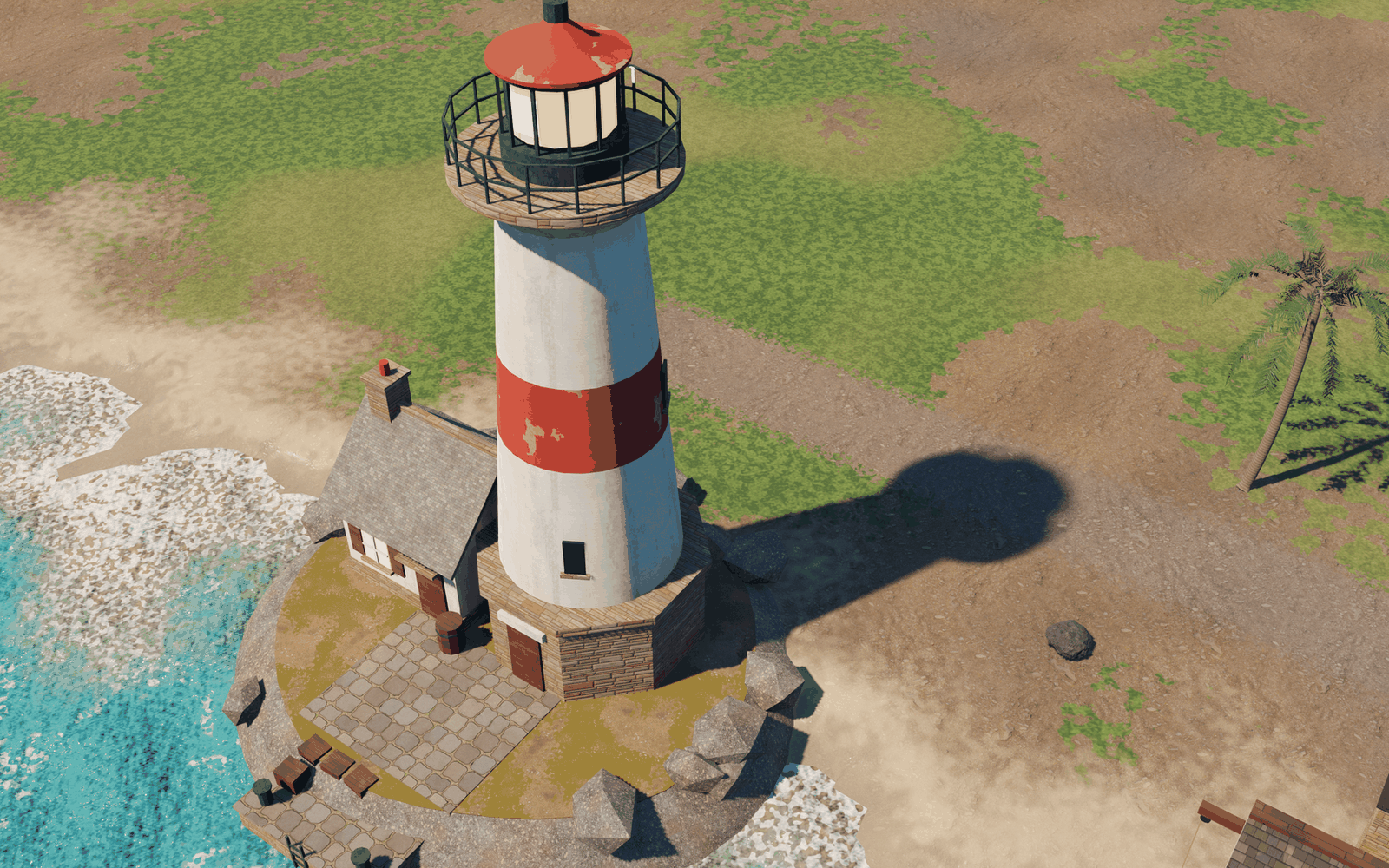 The fishing village point: lighthouse, keeper's cottage, dock and rowboats, every one generated from a brief and placed in the Godot reference scene.