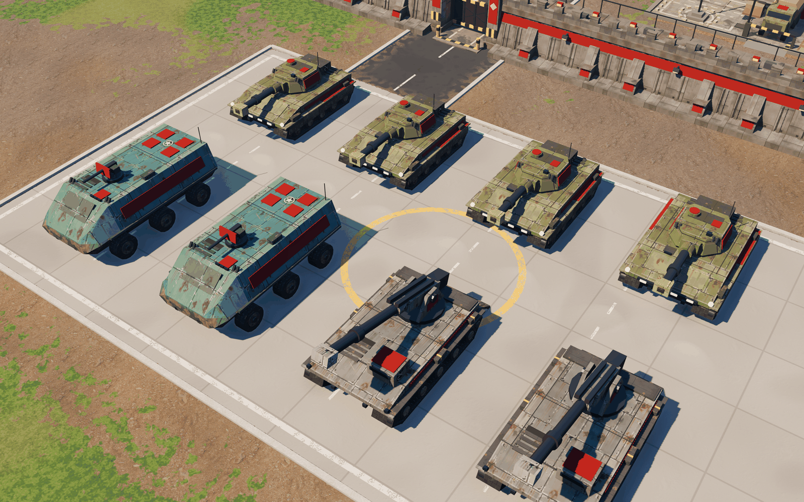 The RTS vehicle yard. Hulls, turrets and barrels are named glTF nodes with pivots, and the team-colour slot is calibrated for how a lit plate actually reads.