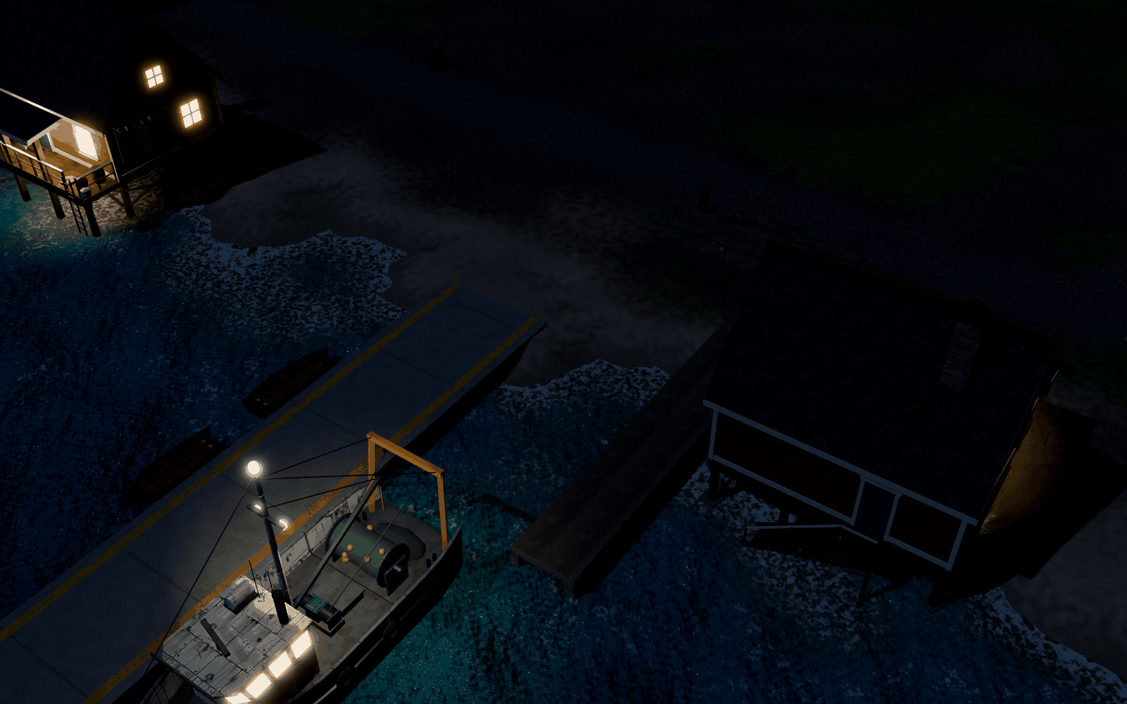 The same harbour at night. Lights declared in the brief export as KHR punctual lights, and a gate checks each one sits inside its building's footprint.
