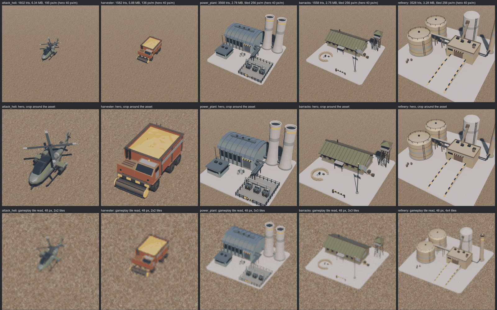 One of the sampler contact sheets: each asset at hero, gameplay and 48-pixel tile scale, because a sprite that reads at 48 px is the bar that matters.