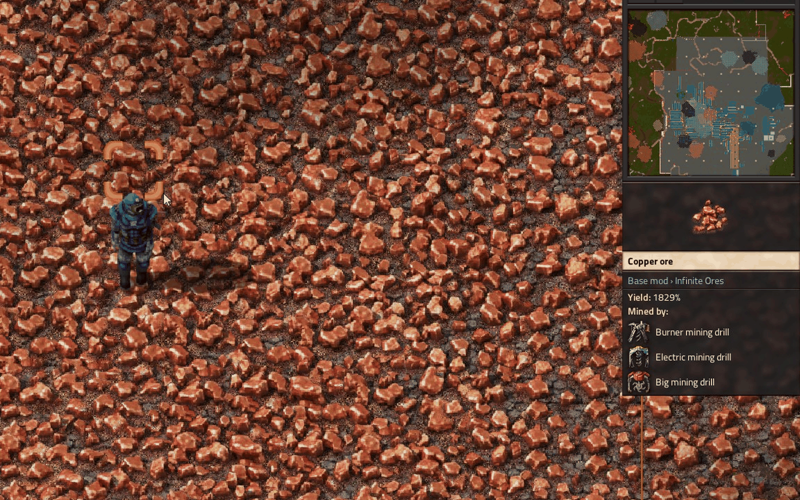 Copper at 1,829%, frozen at the richness the map generator handed out.