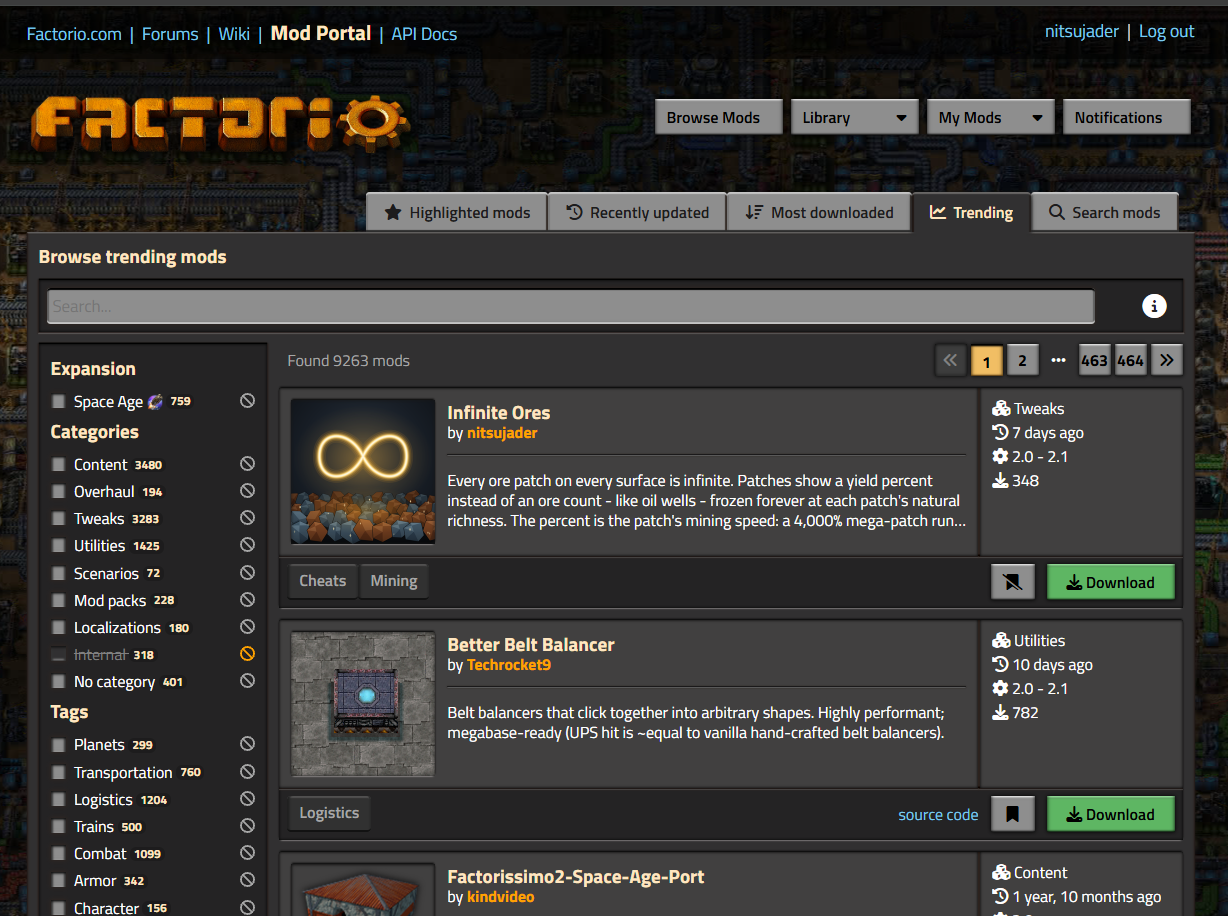 #1 on the mod portal Trending tab, week of September 11, 2026, one week after release.